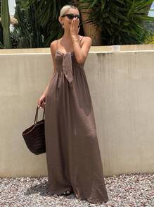 Livesso 女式夏季休闲纯色系带长裙 - 咖啡 - 查看 4