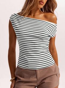 SHEIN BAE Spring, Autumn And Summer Crochet Brown Striped Off-Shoulder Asymmetrical Top T-Shirt Is Suitable For Daily Leisure, Going Out, Going Out With Girlfriends, Afternoon Tea, Commuting Leisure, Beach Vacation, And All-Match Occasions - White - View 4