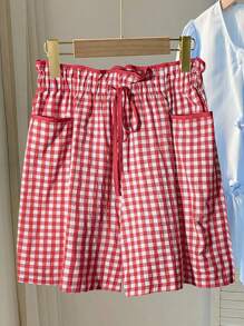 SHEIN MOOSTA Quần short kẻ caro rộng rãi có túi đôi thắt eo mùa hè dành cho nữ cỡ lớn - Nhiều màu - Xem 1