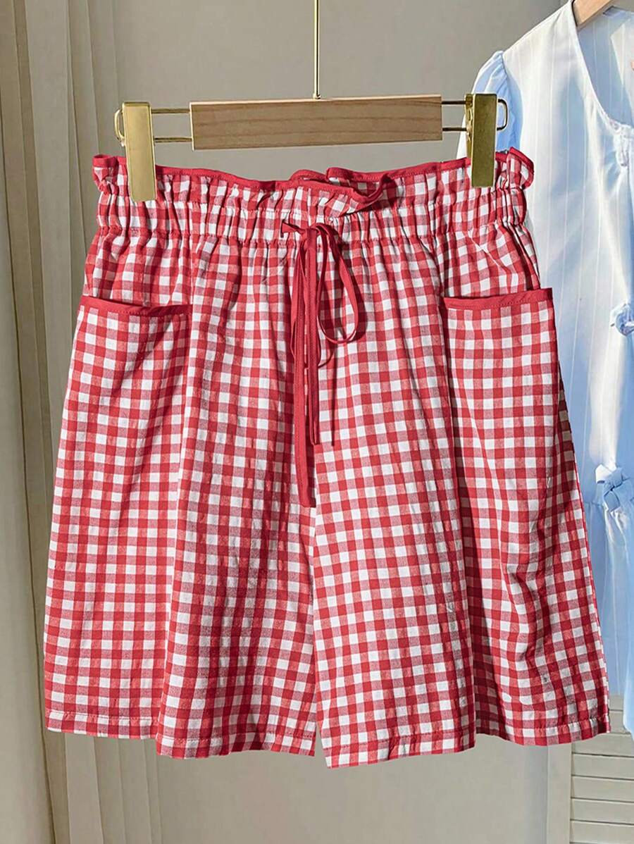 SHEIN MOOSTA Quần short kẻ caro rộng rãi có túi đôi thắt eo mùa hè dành cho nữ cỡ lớn - Nhiều màu - Xem 1