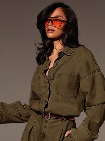 Athîral 女式休闲日常宽松纽扣前落肩连体裤