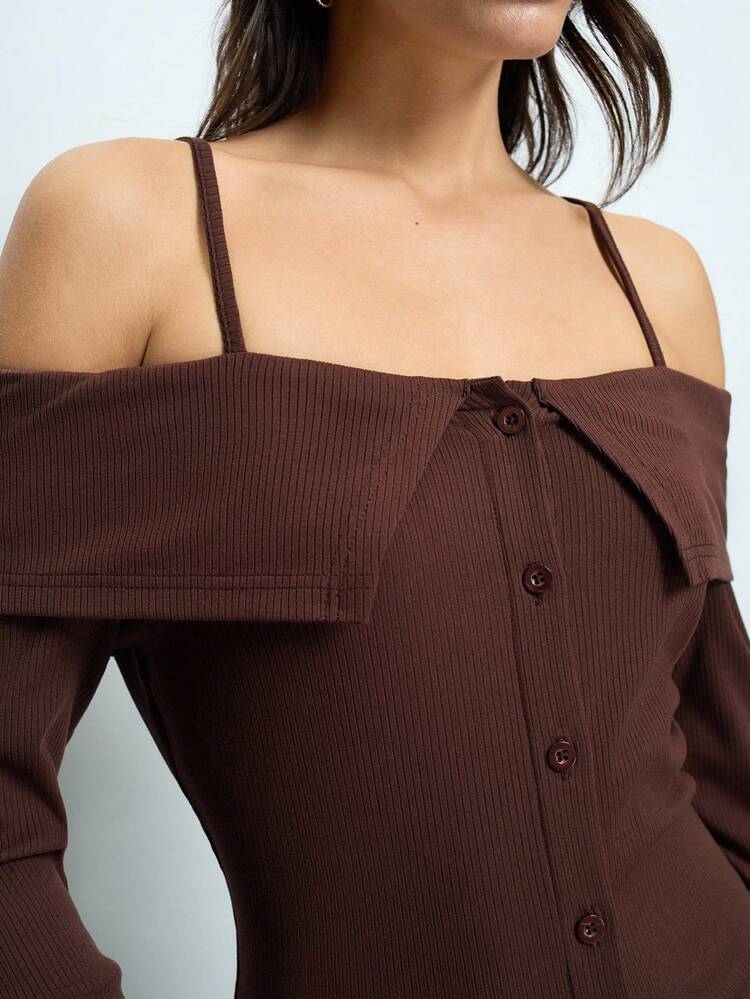 SHEIN Maija Women's Brown Off Shoulder Adjustable Strap Collar Button Front Fitted Long Sleeve Casual Elegant Versatile T-Shirt Top, Early Spring Festival