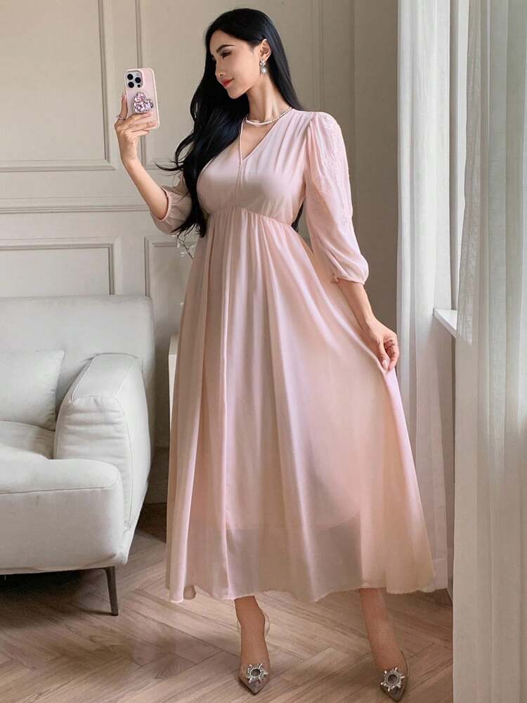 Elegant Lace Ribbon Decor V-Neck Chiffon Dress, Cinched Waist, Rhinestone Embellished, Suitable For Wedding, Party, Spring/Summer/Autumn Dress