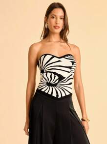 CAJUNI 女式波西米亚热带风情黑色和米色印花无袖轻质针织休闲短款上衣 - 彩色 - 查看 7