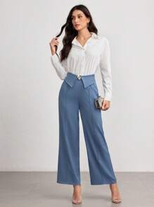 Modelyn Fashionable New Elegant Commuting Metal Buckle Waist Design Women Pants Fall Cloth For Women - Dusty Blue - View 6