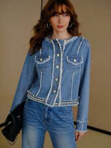 MOTF PREMIUM 毛边单排扣牛仔夹克 - 藍色 - 查看 1