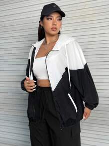 SHEIN EZwear 大码女式撞色拉链抽绳连帽休闲夹克 - 彩色 - 查看 3