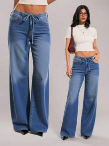 SHEIN Tall Women's Basic Fall Back To School Solid Color Lace-Up Washed Faded Casual Jeans - Blue - View 1