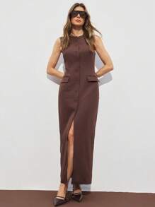 ATUI Studio 女式纯色休闲简约纽扣前无袖连衣裙 - 巧克力棕 - 查看 1