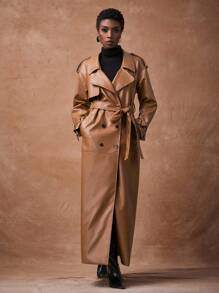 Zivah Áo khoác dài bằng da PU ve ve thời trang mới thu đông 2025 có túi, màu nâu, thường ngày, thích hợp mặc hàng ngày, dạo phố, đi làm, lễ hội âm nhạc, tốt nghiệp, sinh viên, ngày lễ, bãi biển - màu nâu - Xem 7