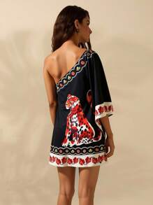 CAJUNI Women's Leopard Print Batwing Sleeve Loose Straight Mini Dress, For Holiday