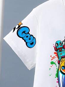 Young Boys' Good Game Day Print Round Neck Short Sleeve White T-Shirt And Blue Woven Shorts 2-Piece Set Kids Summer Sets Boy, School, Campus, College