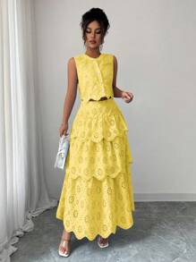 SHEIN Clasi 2件套：女士圆形刺绣纽扣背心和A字中长裙 - 黃色 - 查看 5