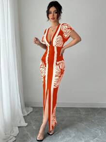 Elenzga Vestido de vacaciones elegante con estampado bohemio para mujer - Naranja - Ver 6