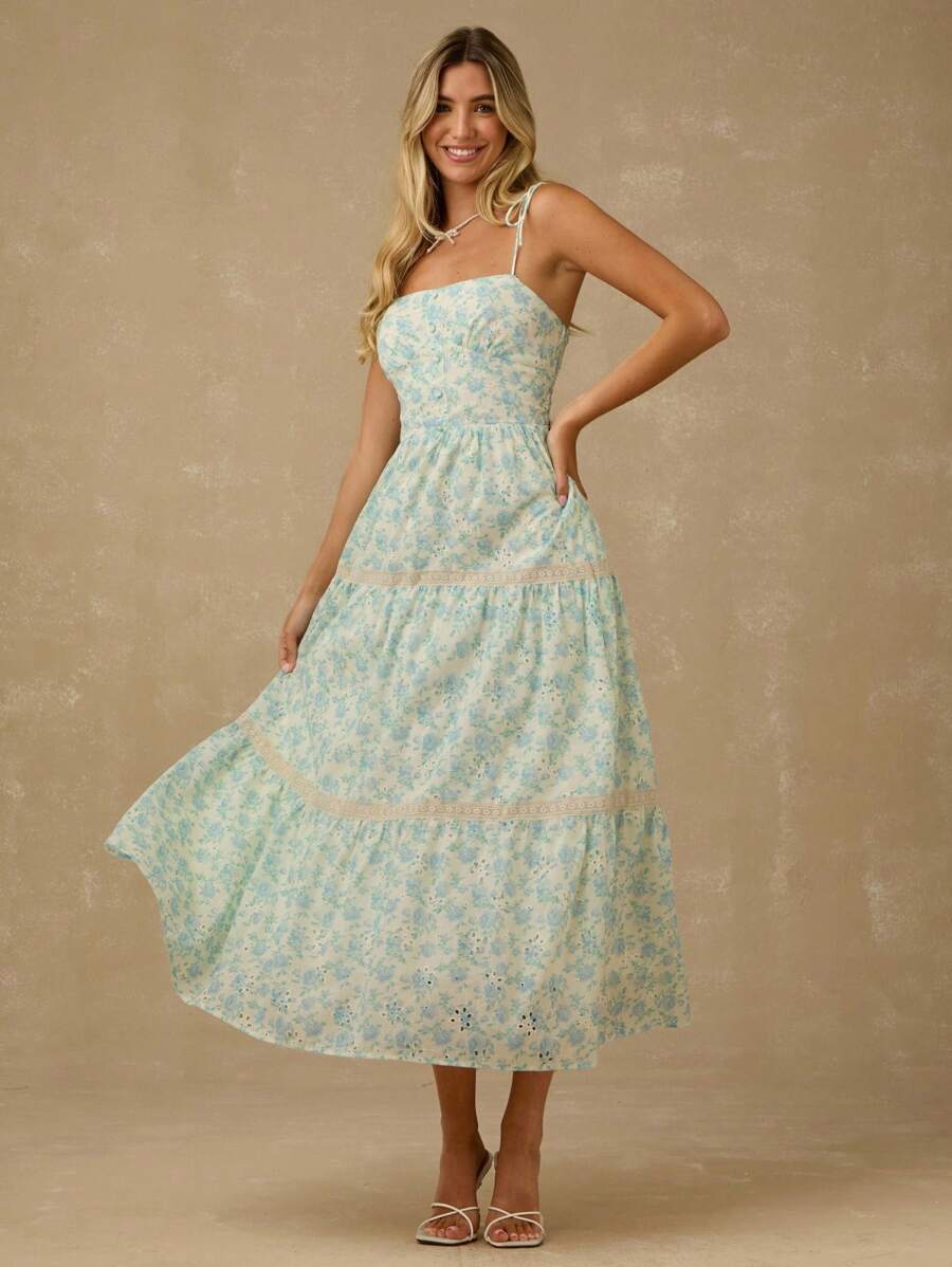 Enchnt Vestido de tirantes con volantes y estampado floral diminuto para mujer, conjunto elegante de vacaciones
