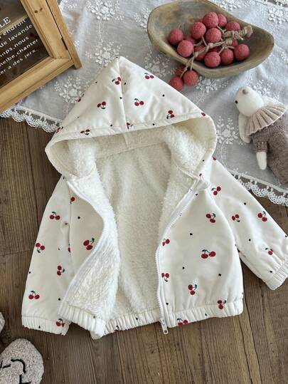 SHEIN Baby Girls Versatile Daily Cherry Pattern Thermal Lined Hooded Jacket For Autumn/Winter Fall
