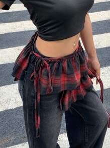 DAZY 女式格子分层系带超迷你裙秋季半身裙 - 紅色 - 查看 4