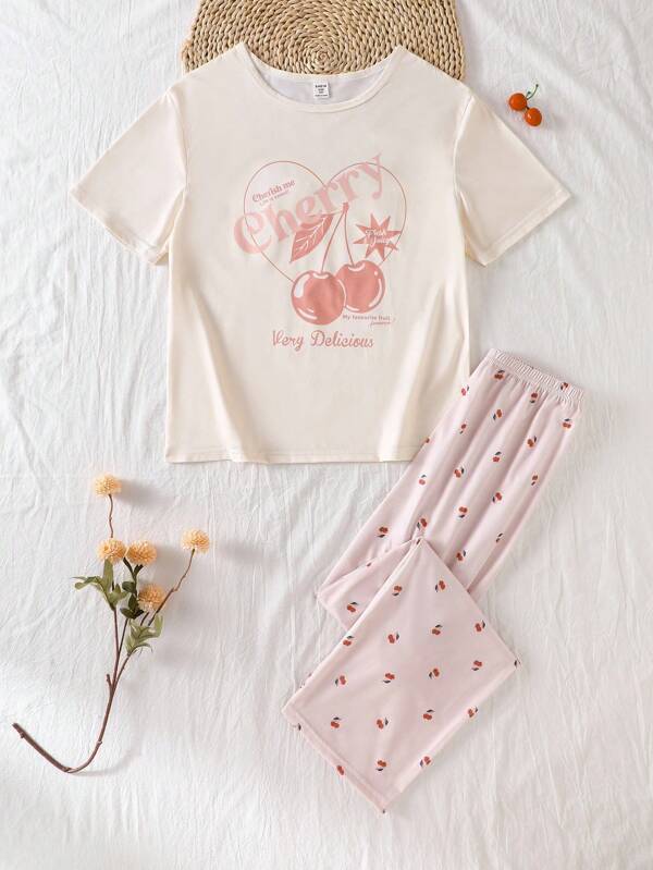Girls Sweet Cartoon Cherry Print Short Sleeve Pajamas Set With Pants, Comfortable Children's Sleepwear, Princess Style, Summer Cherry Pajama Set Soft Pajamas Set Cherry Print Pajama Set