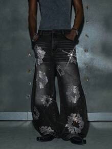 NEON BLANC Jeans casuales de corte holgado, de ajuste relajado, con patrón floral de rhinestones para hombre