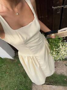 SHEIN EZwear 女式纯色方领褶饰休闲无袖连衣裙 - 黃色 - 查看 6