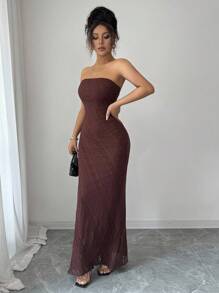 Chiquease Elegantes Palast-Abendkleid für Damen mit Spitze, trägerloses, gerafftes Taille Sommerkleid, Maillard Stil Sommer Braunes Kleid, Ausgehkleid - Kaffeebraun - Übersicht 7