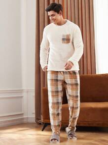 Manfinity Underwear&Sleepwear Basics Men's Casual Plaid Pocketed Fleece Loungewear Set, Home Outfit For Winter, Fall Winter Clothes, Fluffy Pajama, Cozy - Multicolor - View 4