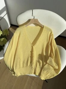 Comfortcana Plus Size Women's Solid Color Long Sleeve Single-Breasted Casual Thin Cardigan In Fall/Winter - Yellow - View 7