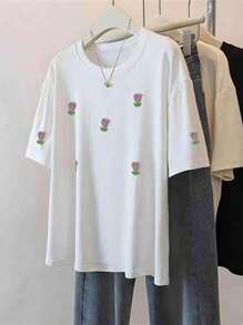 SHEIN LUNE 女士优雅时尚 3D 花卉刺绣珍珠装饰 T 恤，休闲日常穿着 - 白色 - 查看 3