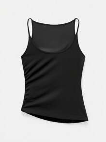 Maija 女士黑色船领露肩吊带背心，时尚纯色褶皱不对称下摆侧开衩百搭休闲都市上衣，商务休闲无袖上衣 - 黑色 - 查看 8