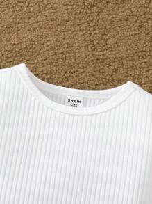 SHEIN Elladie kids 女童两件套 - 纯色长袖T恤和裙子，女童秋季服装，秋季连衣裙，灯芯绒裙子，女童荷叶边袖上衣，女童冬季服装 - 棕色 - 查看 5