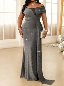 Fleurora Plus Size Elegant Contrast Mesh Off Shoulder Wedding Guest Formal Dress - Black - View 5