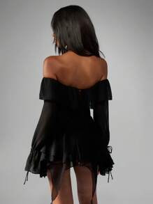 MISSGUIDED 露肩挤奶女工紧身衣束腰长袖荷叶边装饰节日文艺复兴服装哥特式正式场合服装秋冬 - 黑色 - 查看 2