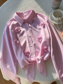 Comfortcana 女式休闲条纹3D花朵装饰系带衬衫