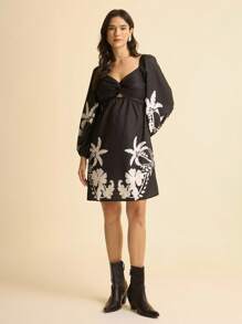 CAJUNI 女式波西米亚风格椰子树印花，扭纹前泡泡袖黑色沙滩度假迷你连衣裙 - 黑與白 - 查看 6