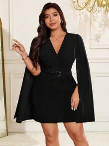 Allurite 女士加大码斗篷式开衩腰带简约V领连衣裙优雅商务休闲夏季女装春装正式女装毕业礼服秋季女装 - 黑色 - 查看 4