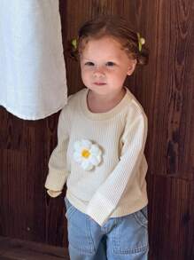 SHEIN Baby Girl Textured Floral Long Sleeve Top And Pocket Detail Pants Set, Fashion For Autumn/Winter - Apricot - View 4