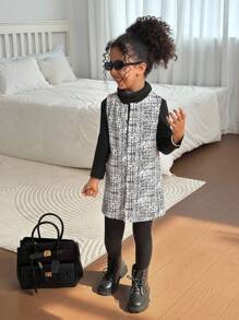 SHEIN Young Girl Spring/Autumn Casual All-Over Print Vest Jacket.Mom And Daughter Matching,  Girls Tweed Dress - Black and White - View 4