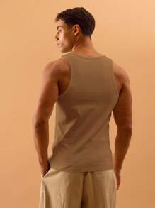 Musero 男士罗纹背心，金属细节扣合，适合夏季春季度假海滩泳池边穿着 - 棕色 - 查看 4