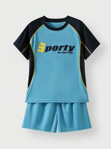Back To School Outdoor Sports Short Sleeve & Shorts Set, Kids Colorblock Graphic Print Short Sleeve T-Shirt & Shorts Set - Blue - View 5