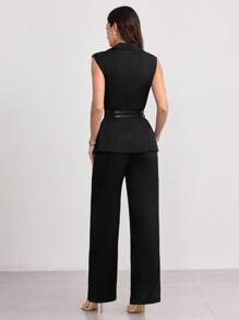Modelyn 女士两件套：无袖束腰上衣和阔腿裤 - 黑色 - 查看 4