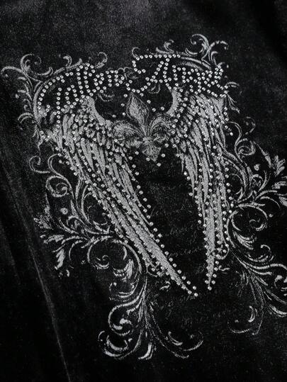 Grunge Punk Sweat-shirt à capuche ajusté pour femme avec imprimé d'ailes style grunge déchiré et ornements de strass