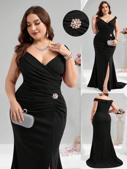 Coutiva Plus Size Elegant Crystal Decor Formal Evening Gown