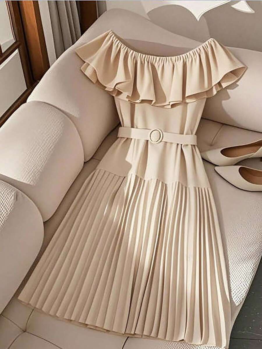 SHEIN Clasi 1pc Comma Collar Ruffle Hem Pleated Casual Commuter Dress - Apricot - View 1