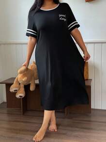 SHEIN Comfortable Black Plus Size Sleep Dress With Striped Drop Shoulders And Casual Design Black Lounge Dress - Black - View 4