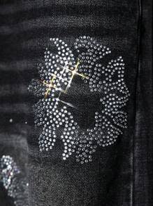 NEON BLANC Jeans casuales de corte holgado, de ajuste relajado, con patrón floral de rhinestones para hombre