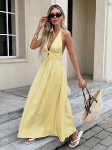 Serisse 夏季新款蓝白条纹A字型女式无袖长裙 - 黃色 - 查看 3