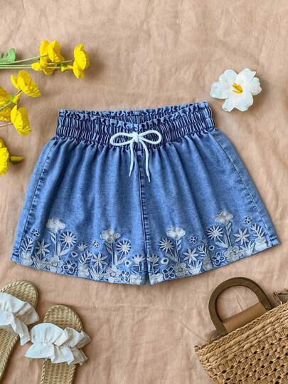 Soleia 女士休闲花卉刺绣牛仔短裤，适合度假穿着
