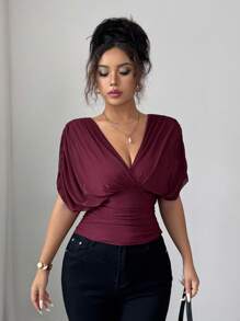 Elenzga 女士弹性网眼衬里面料优雅度假海滩休闲法式浪漫交叉褶皱聚拢肩袖腰部褶皱弹力荷叶边下摆 T 恤，适合户外和通勤，春夏季