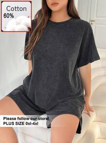 Solflare Plus Size Round Neck Short Sleeve Casual Top And Shorts 2 Pieces Set - Black - View 1