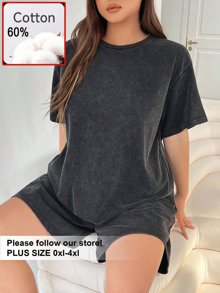 Solflare Plus Size Round Neck Short Sleeve Casual Top And Shorts 2 Pieces Set - Black - View 1